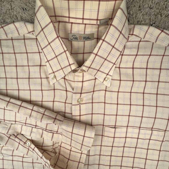 Peter Millar Shirt Men's Large Yellow Red Check Button Up Long Sleeve W Pocket - Picture 1 of 13